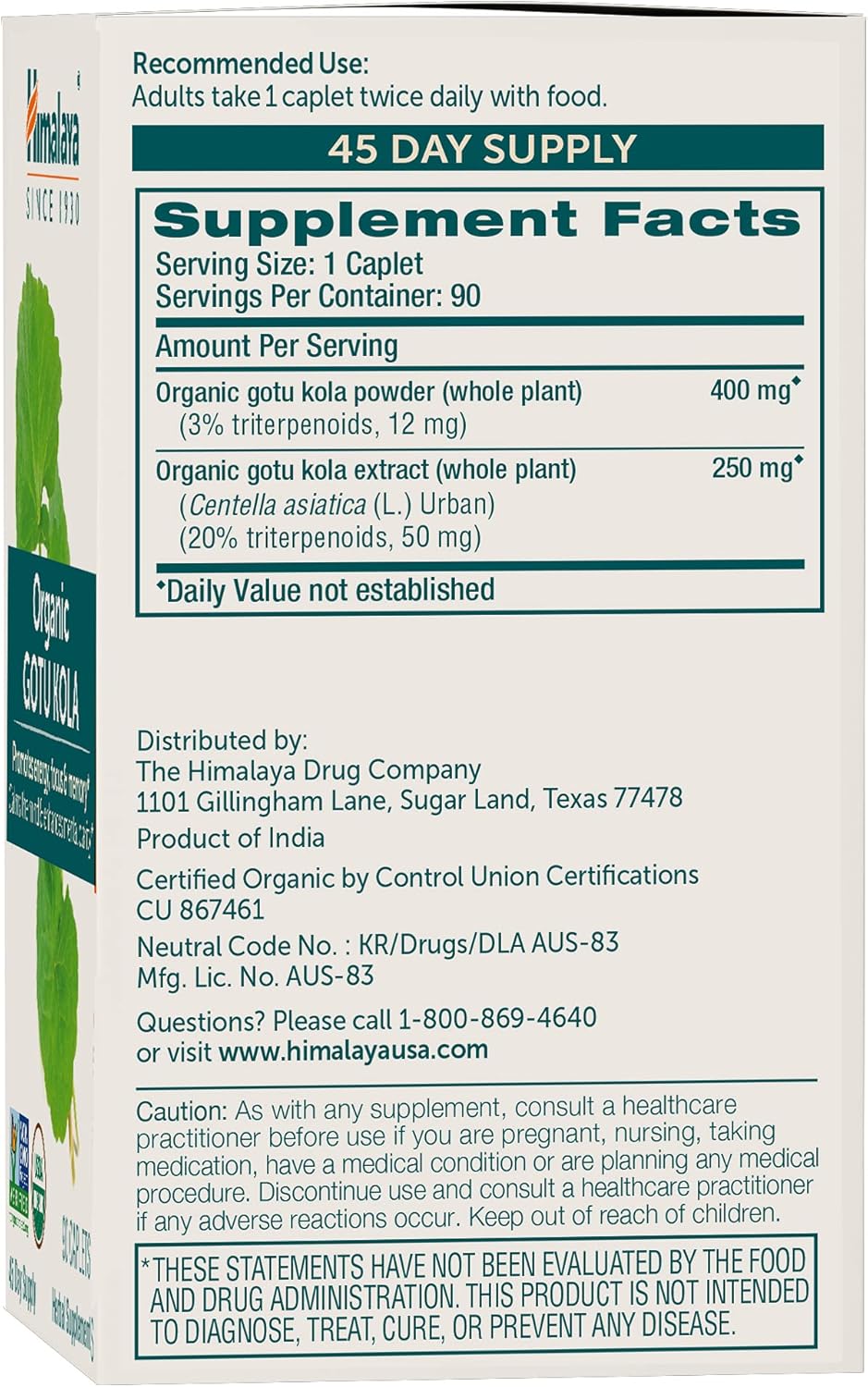 Himalaya Organic Gotu Kola Nootropic with Adaptogens for Energy, Focus, Memory Brain Cognitive 90 Caplet - Galeri