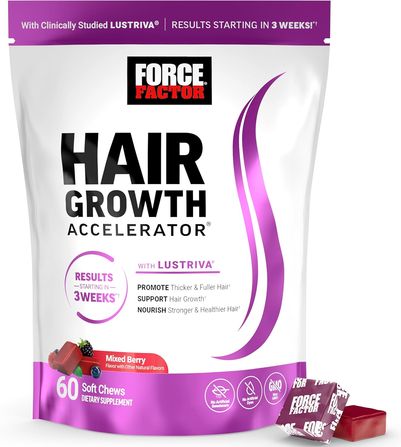 Force Factor Hair Growth Accelerator Hair Skin & Nails Vitamin Biotin Mixed Berry 60 Soft Chews - Galeri