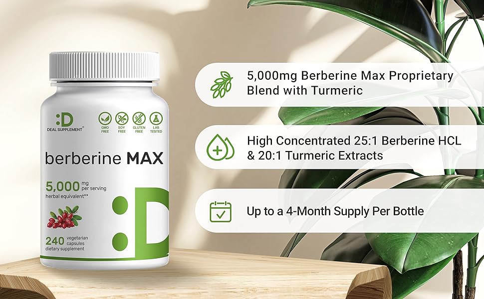 Deal Supplement Berberine Max Supplement with Turmeric, 5,000mg Per Serving, 240 Veggie Capsules - Galeri