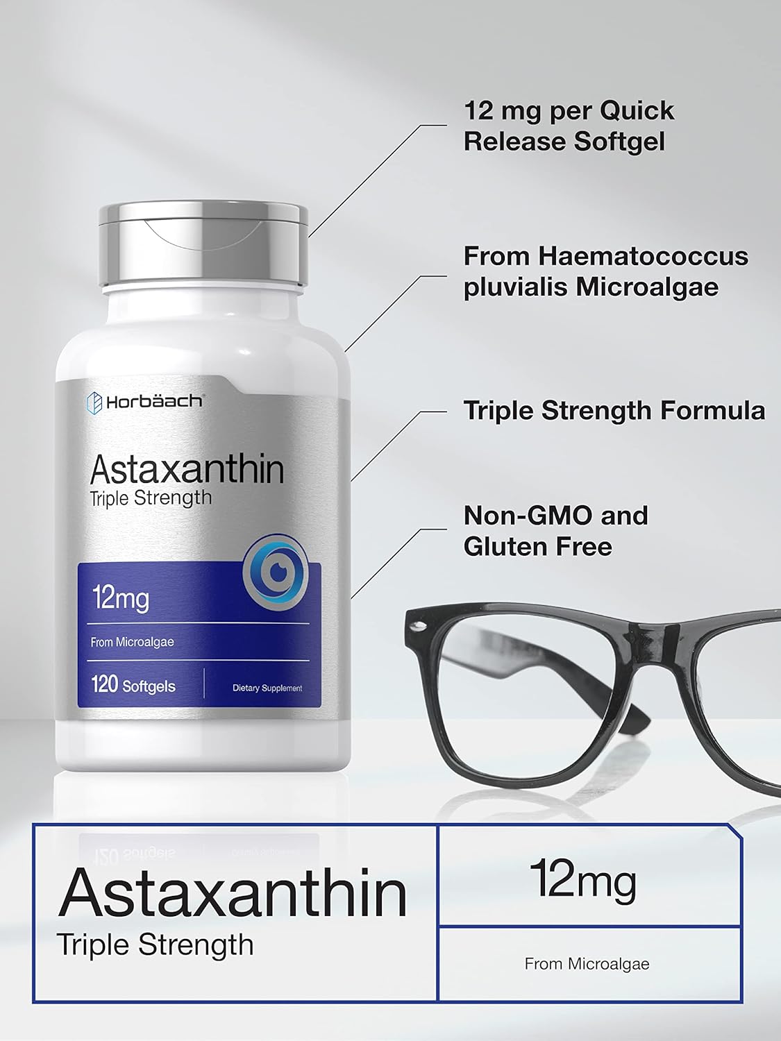 Horbäach Astaxanthin Triple Strength Eyes Skin Health 12mg 120 Softgels - Galeri