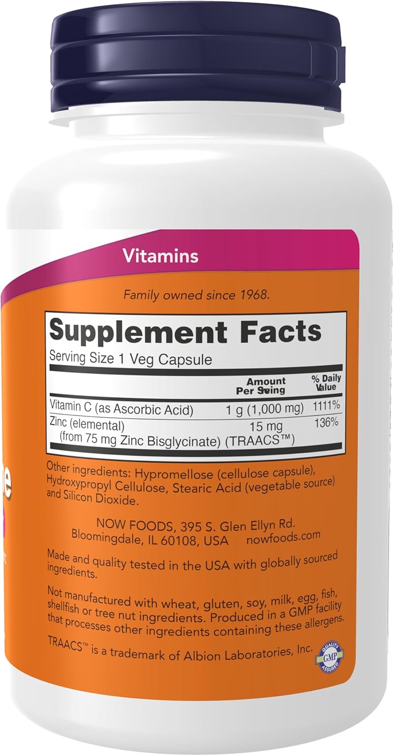 NOW Foods Supplements C-1000 Vitamin & Zinc Immune Support Antioxidant Protection 90 Veg Caps - Galeri