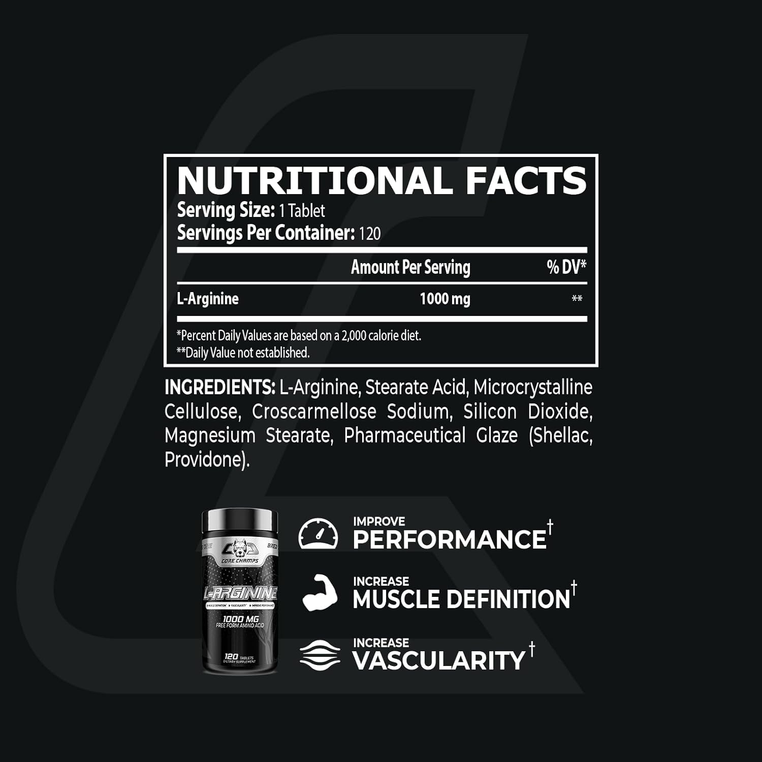 Core Champs L-Arginine Nitric oxide 1000 MG 120 Tablet - By Kai Greene - Galeri
