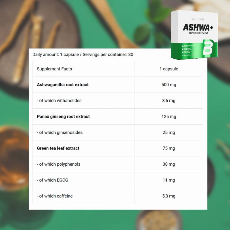BiotechUsA Ashwagandha+Panax Ginseng+Egcg+Caffeine+Green Tea 700Mg - 30 caps - Galeri