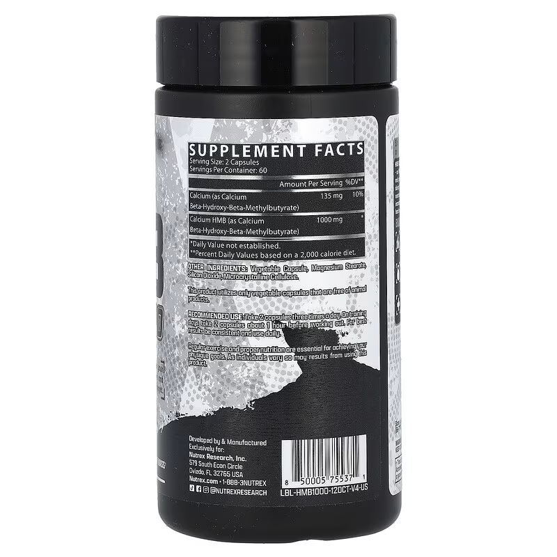 Nutrex Research HMB 1000 MG Supports Muscle Recovery Reduce Skeletal Muscle Damage Increased Strength Prevent Muscle Loss | 120 Caps - Galeri