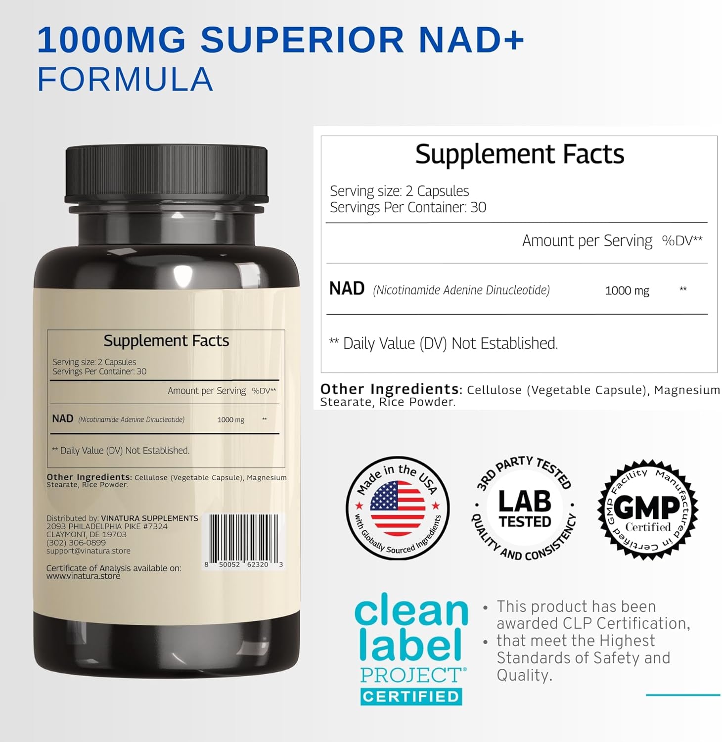 VINATURA NAD Nicotinamide Adenine Dinucleotide 1000mg - Pure Nad for Anti-Aging 60 Caps - Galeri