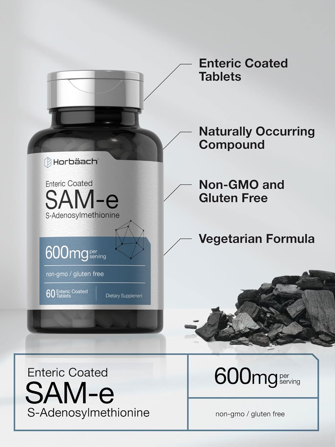 Horbaach SAM-e 600mg | 60 Tablets | S-Adenosyl Methionine | Vegetarian, Non-GMO, Gluten Free - Galeri