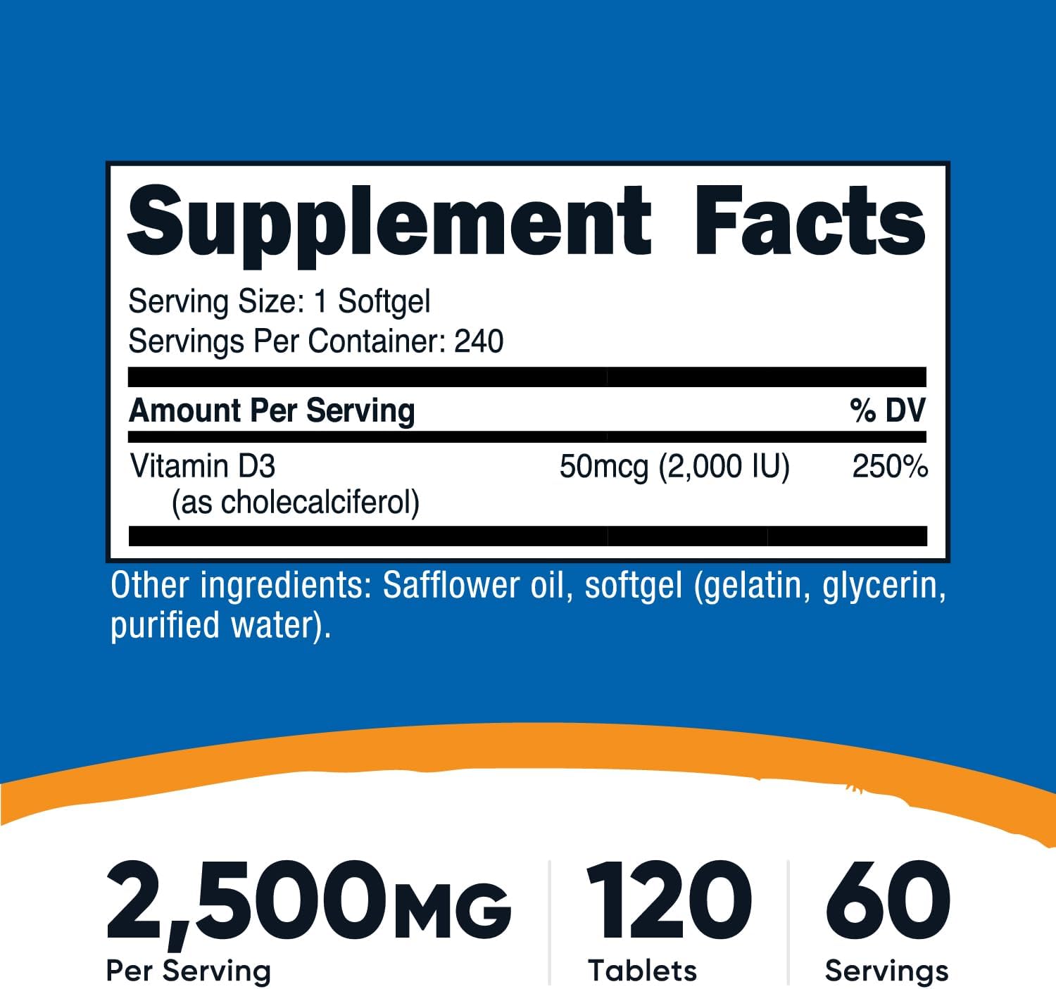 Nutricost Vitamin D3 2000 iu Softgels, 240 Softgels - Non-GMO & Gluten Free - Galeri