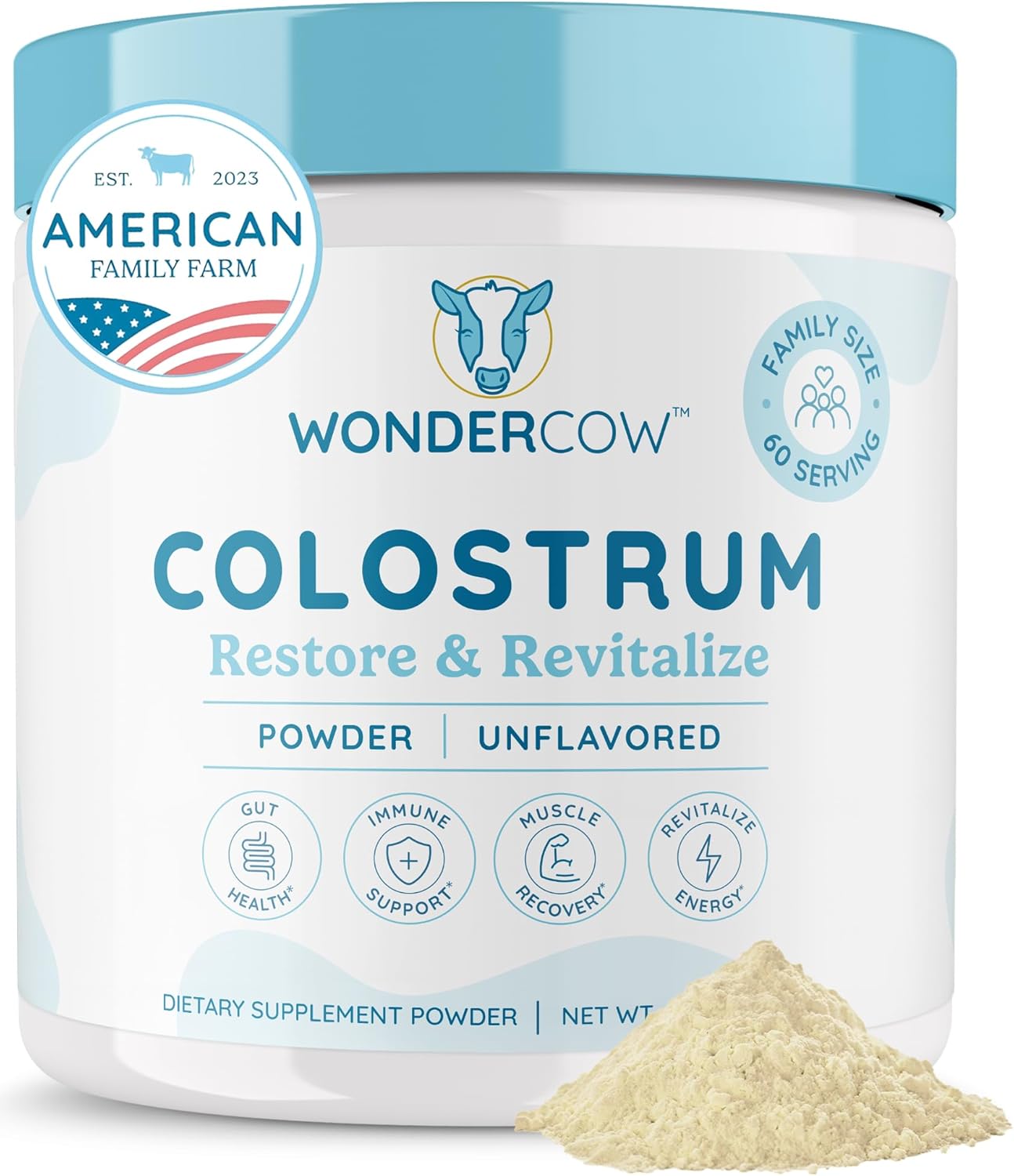 WONDERCOW Colostrum Gut Health Immune Support & Wellness IgG Pure Whole Bovine Colostrum Superfood, Unflavored, 60 Servings