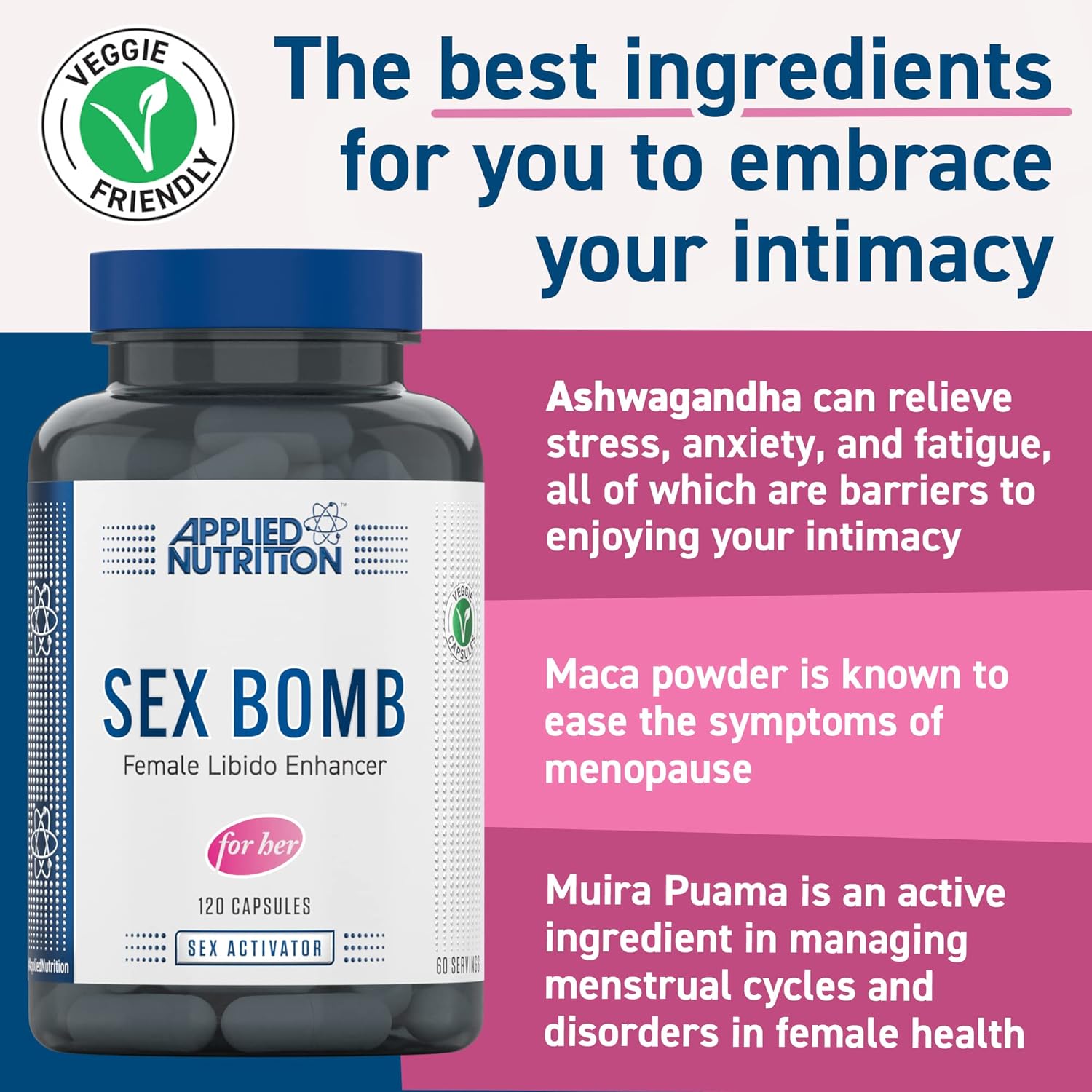 Applied Nutrition Sex Bomb for Her - Libido Booster for Women Female Libido Ashwagandha and Maca Powder 120 Capsules Bayanlara Özel