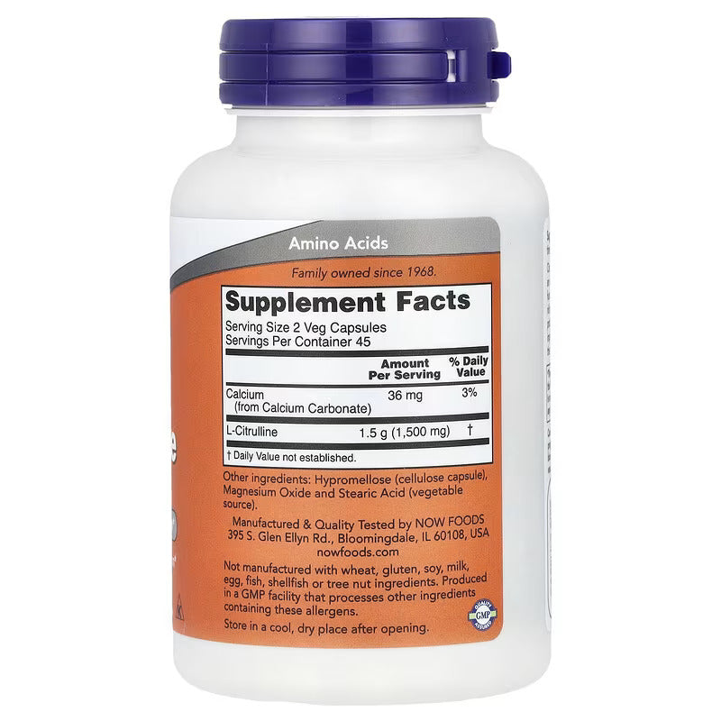 NOW Foods L-Citrulline 750 mg Supports Protein Metabolism Amino Acid 90 Veg Caps - Galeri