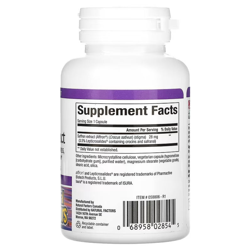 Natural Factors Stress-Relax 100% Pure Saffron Brain & Cognitive Supports Mood 30 Vegetarian Caps - Galeri
