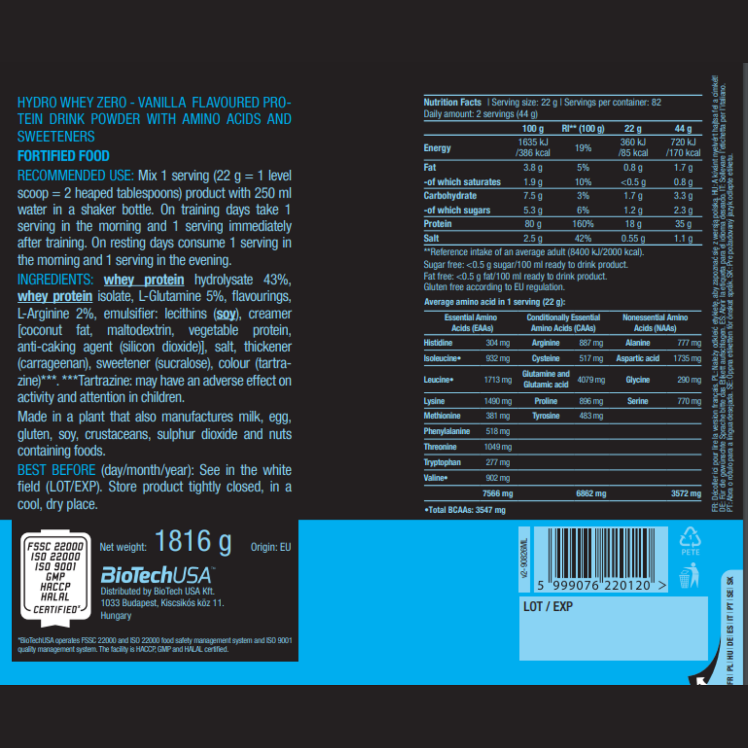 BİOTECHUSA Hydro Whey Protein Zero - 1816 g - Galeri