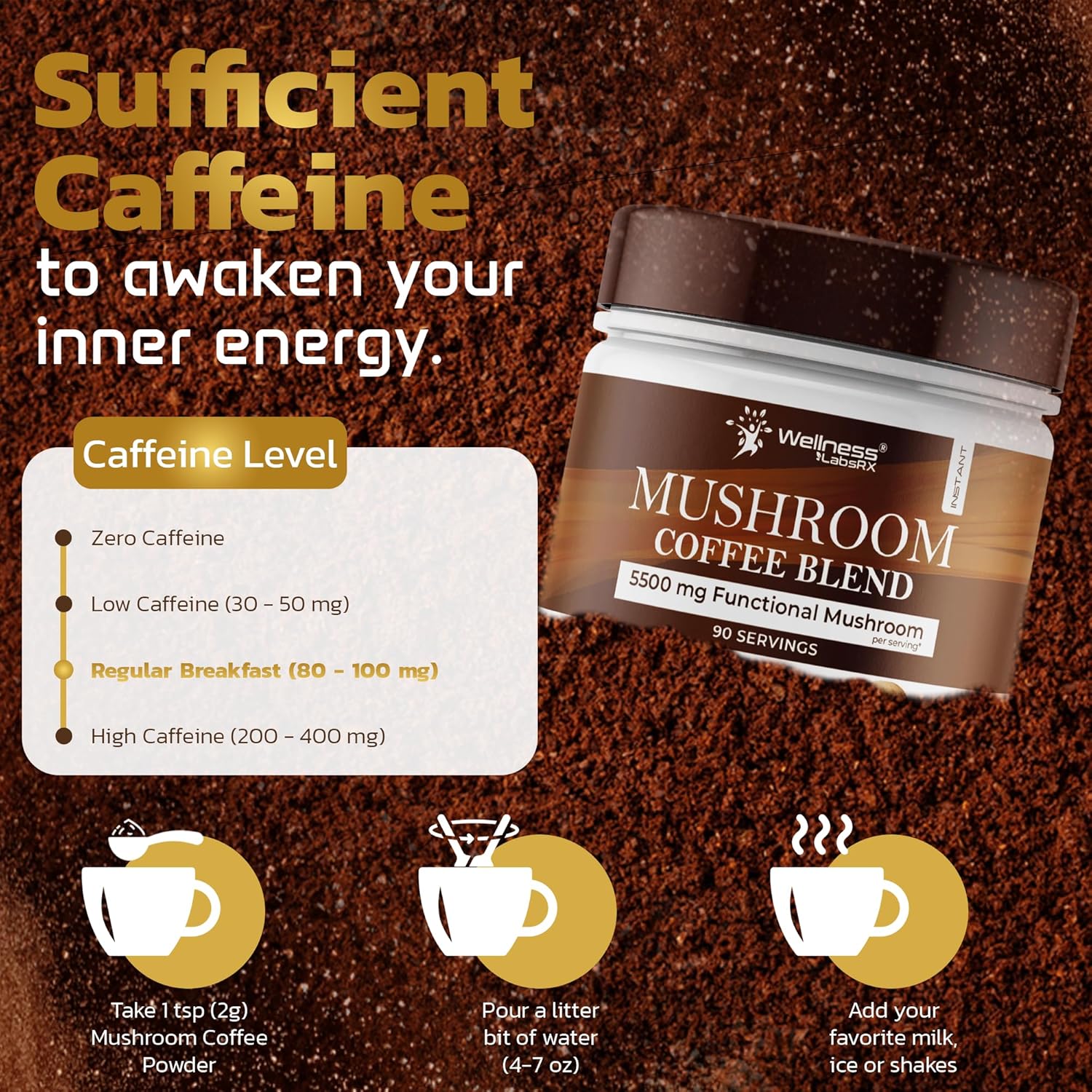 Wellness Labs Mushroom Coffee Lions Mane, Chaga, Reishi, Cordyceps, Maitake, Shiitake, and Turkey Tail 90 Servings - Galeri