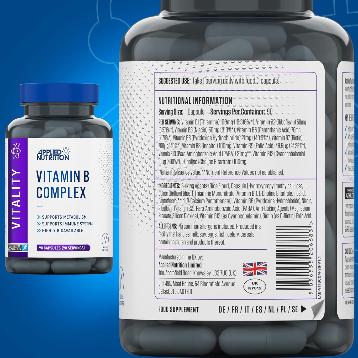 Applied Nutrition Vitamin B Complex B1, B2, B3, B5, B6, B12, Biotin&Folic Acid Immune  90 Caps - Galeri