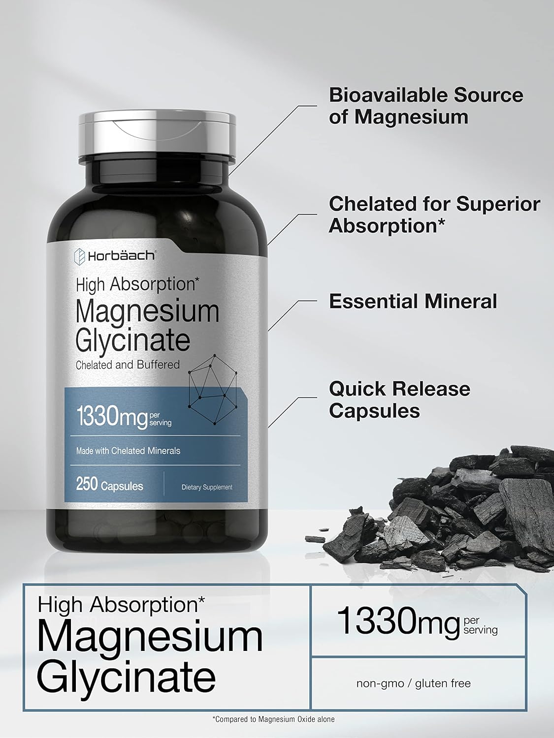 Horbaach High Magnesium Magnezyum Glycinate Glisinat with Chelated Minerals  1330mg 250 Caps - Galeri