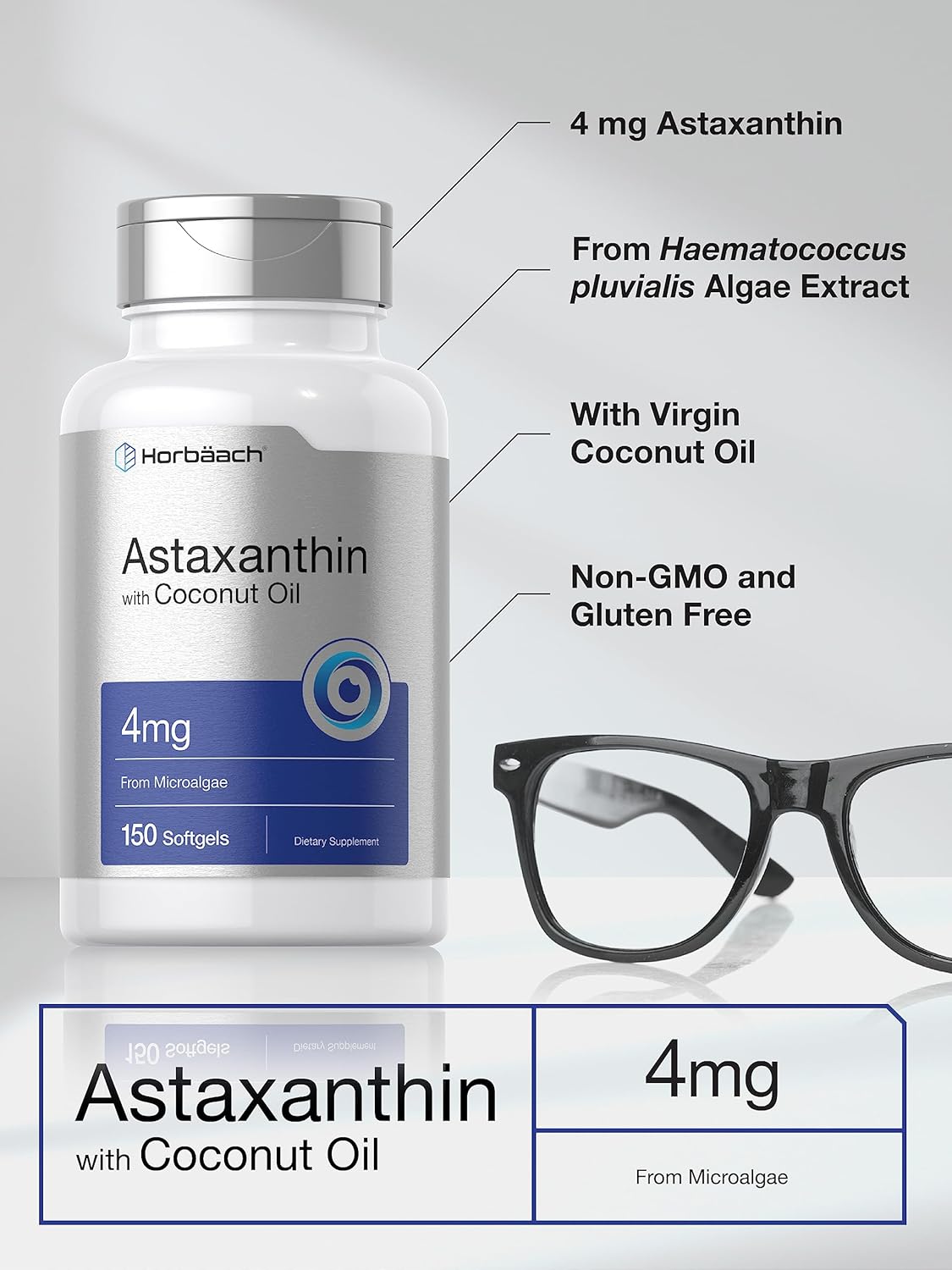 Horbäach Astaxanthin with Coconut Oil Skin Eyes Heart Support 4mg | 150 Softgels - Galeri