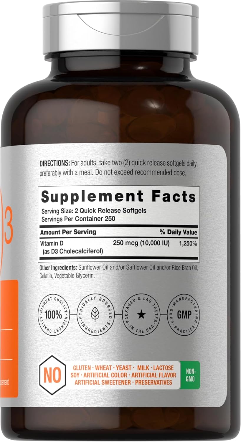 Horbäach Vitamin D3 10000 IU | 500 Softgels | Non-GMO, Gluten Free Supplement | Value Size | 250mcg | High Potency Formula - Galeri