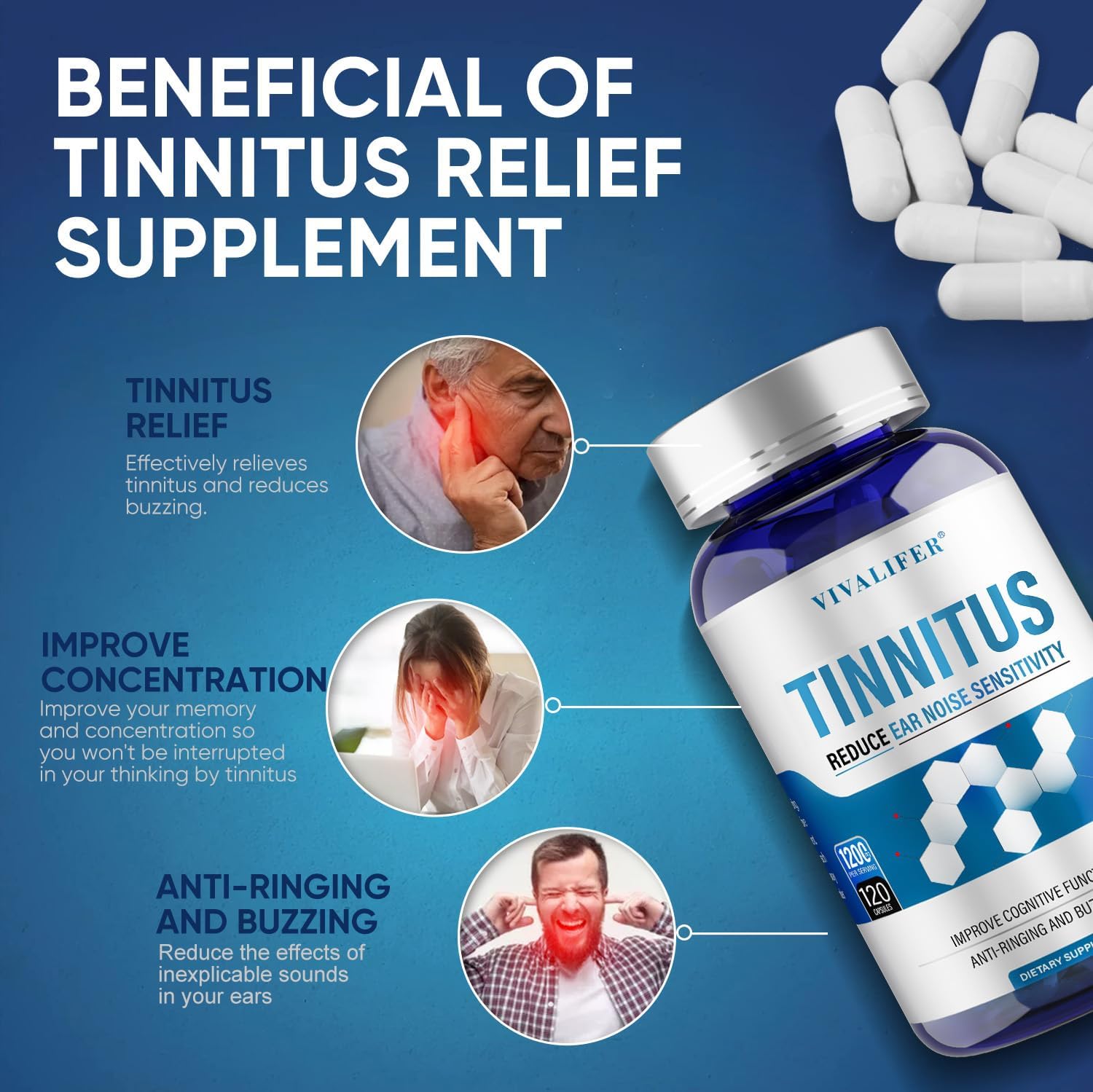 VIVALIFER Tinnitus Relief for Ringing Ears Cognitive 1200MG 120 Caps - Galeri