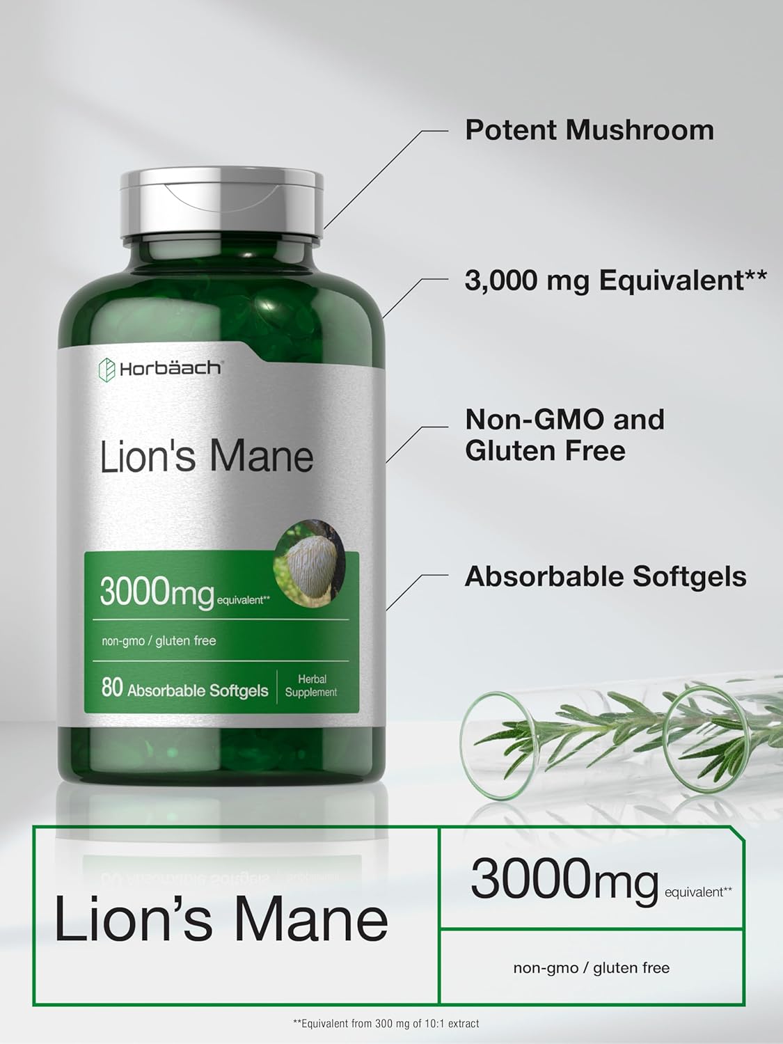 Horbäach Lions Mane Mushroom 3000mg 80 Absorbable Softgels - Galeri