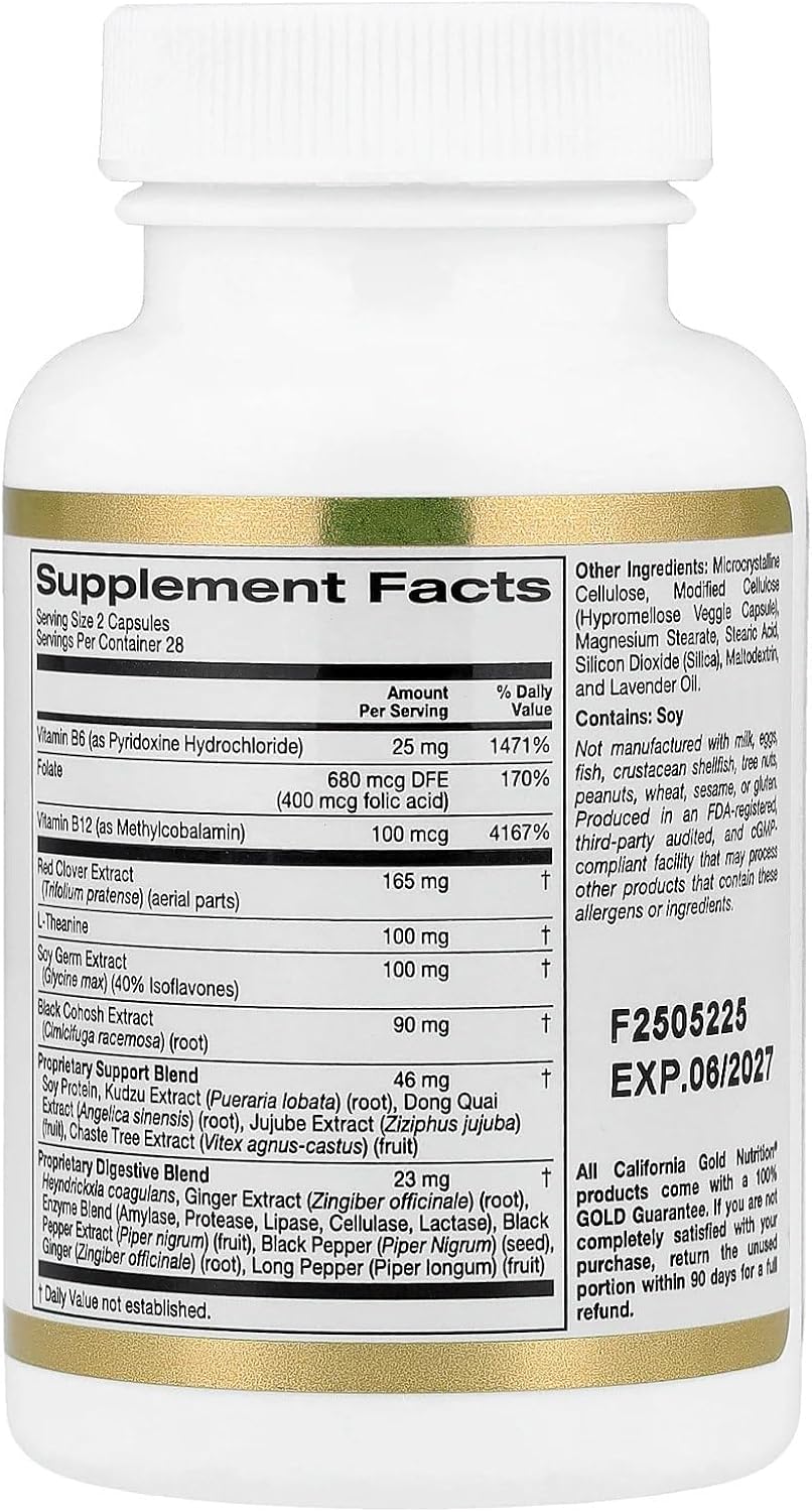 California Gold Nutrition Menopause Comfort with Folate Red Clover Extract, Vitamin B12 Theanine 56 Veggie Caps - Galeri