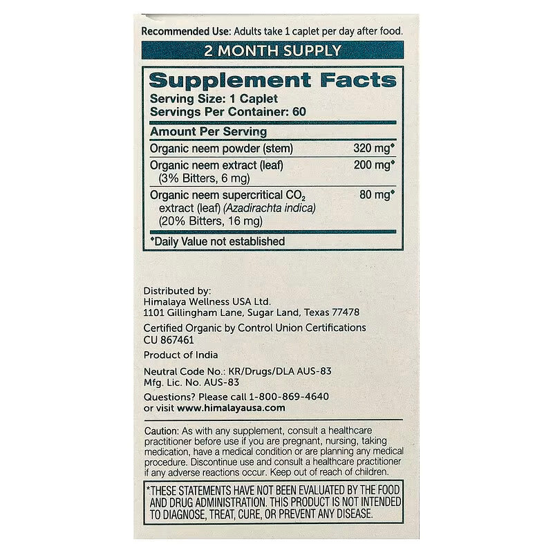 Himalaya Organic Neem Detox & Immune Reduces Mild Acne & Skin Blemishes 60 Caplets - Galeri