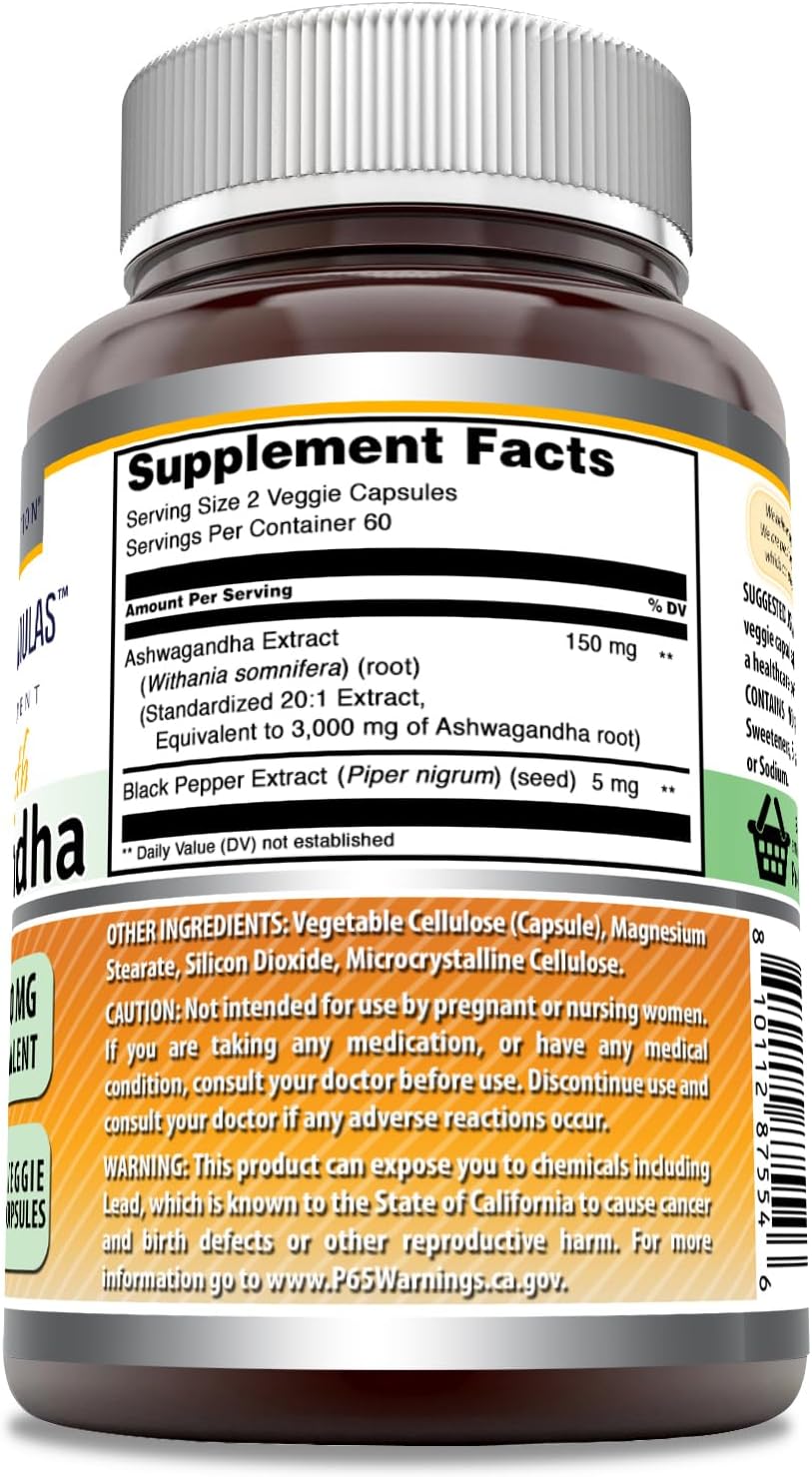 Amazing Formulas Ashwagandha Hint Ginseng Extract Supplement | 3000 Mg Per Serving | 120 Veggie Caps - Galeri