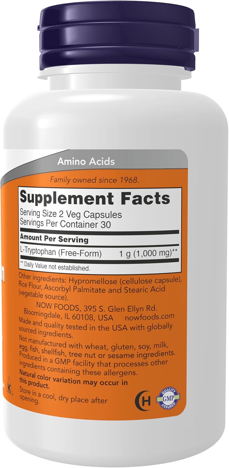 NOW Foods L-Tryptophan 500 mg Encourages Positive Mood Supports Relaxation 60 Veg Caps - Galeri