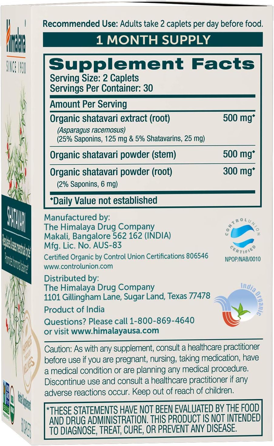 Himalaya Organic Shatavari Hormone Balance Menstrual Cramp Menopause Support 1300 mg, 60 Caplets - Galeri