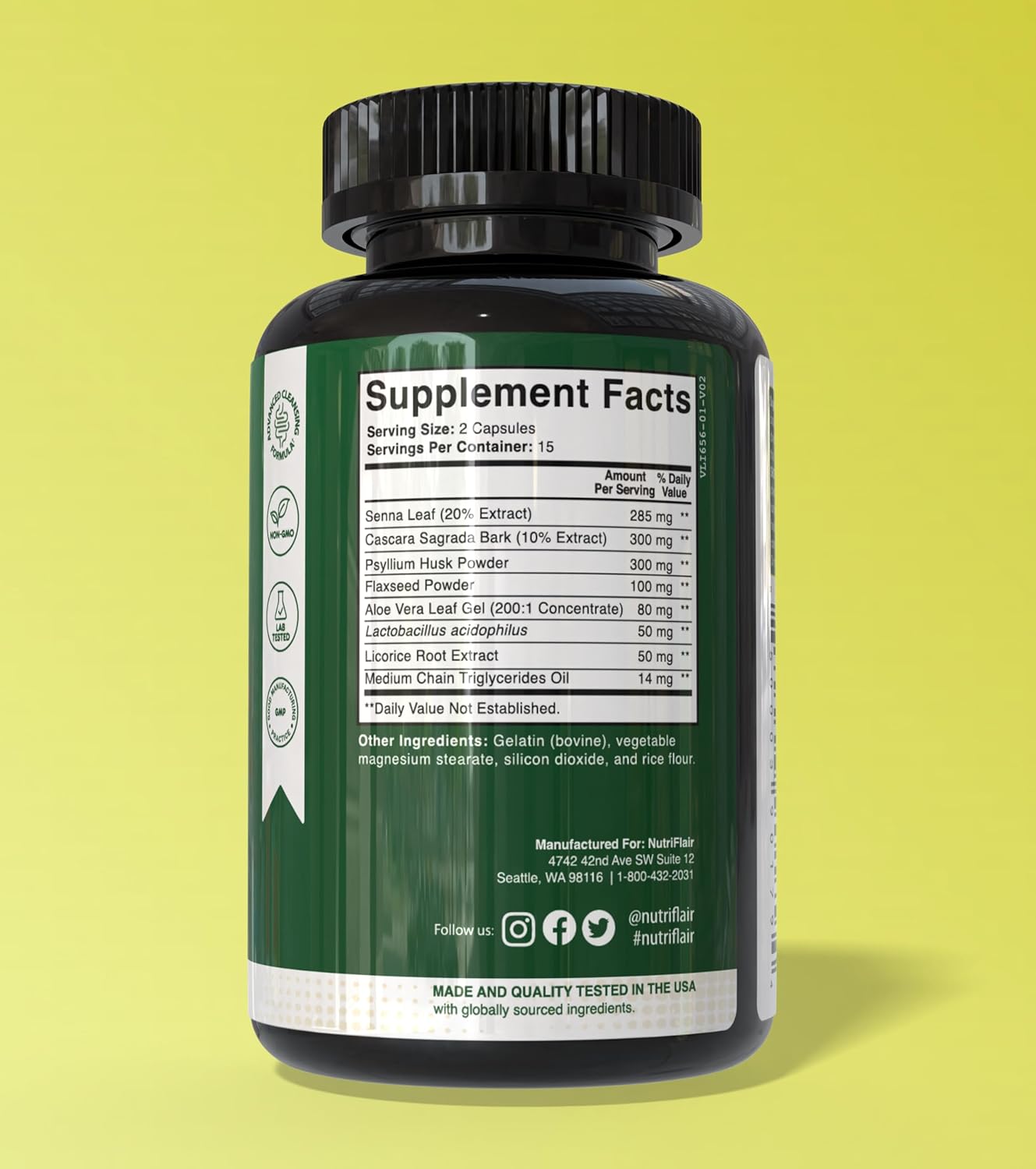 NutriFlair Colon Cleanse 15 Day Gut Detox Cascara Sagrada Senna Leaf Psyllium Husk & Probiotics Lactobacillus – 30 Caps - Galeri