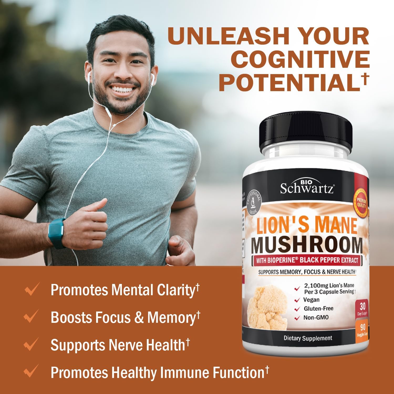 BioSchwartz Organic Lions Mane Mushrooms with BioPerine Nootropic Brain Memory Focus 90 Caps - Galeri