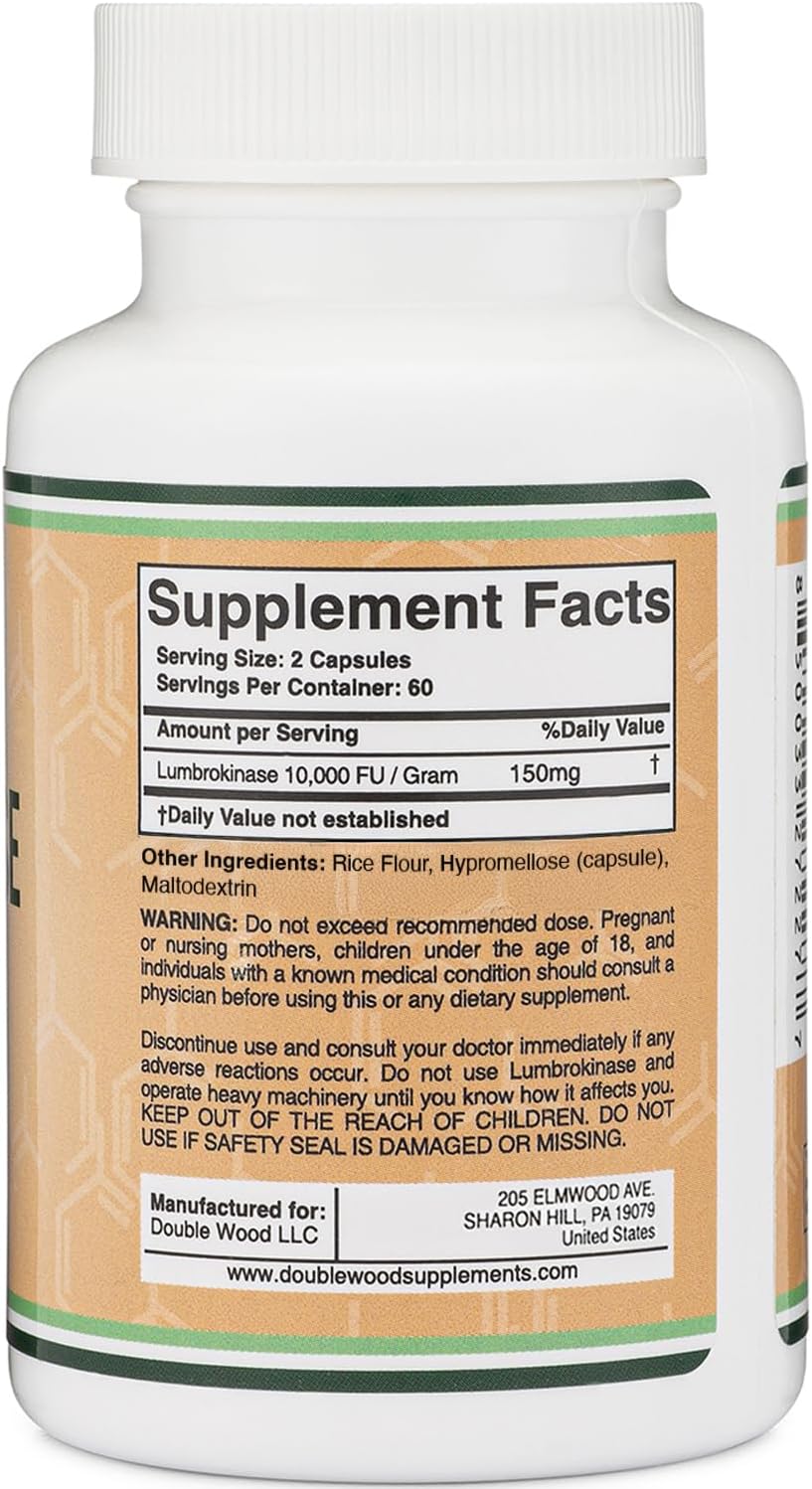 Double Wood Lumbrokinase Enzymes 10,000 FU Cardiovascular and Blood Circulation Support 120 Caps - Galeri