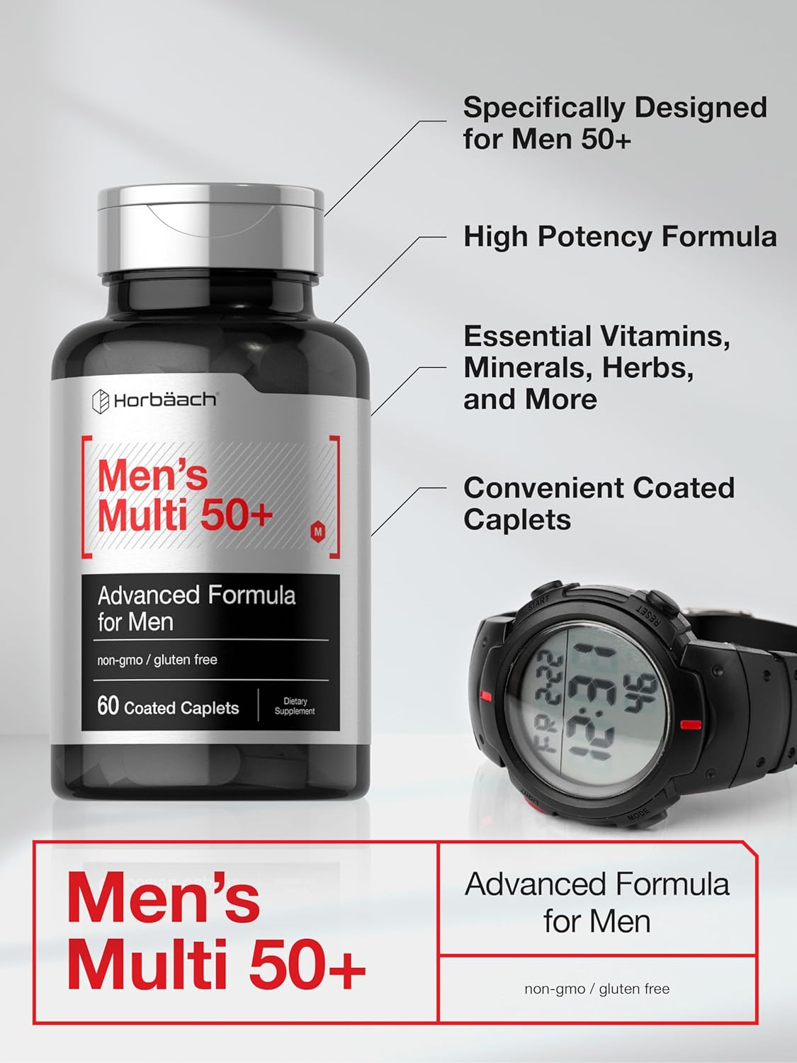 Horbaach Mens Multivitamin 50 Plus 60 Caplet Calcium Magnesium Molybdenum Vitamin A, B, C, D & E 50+ - Galeri