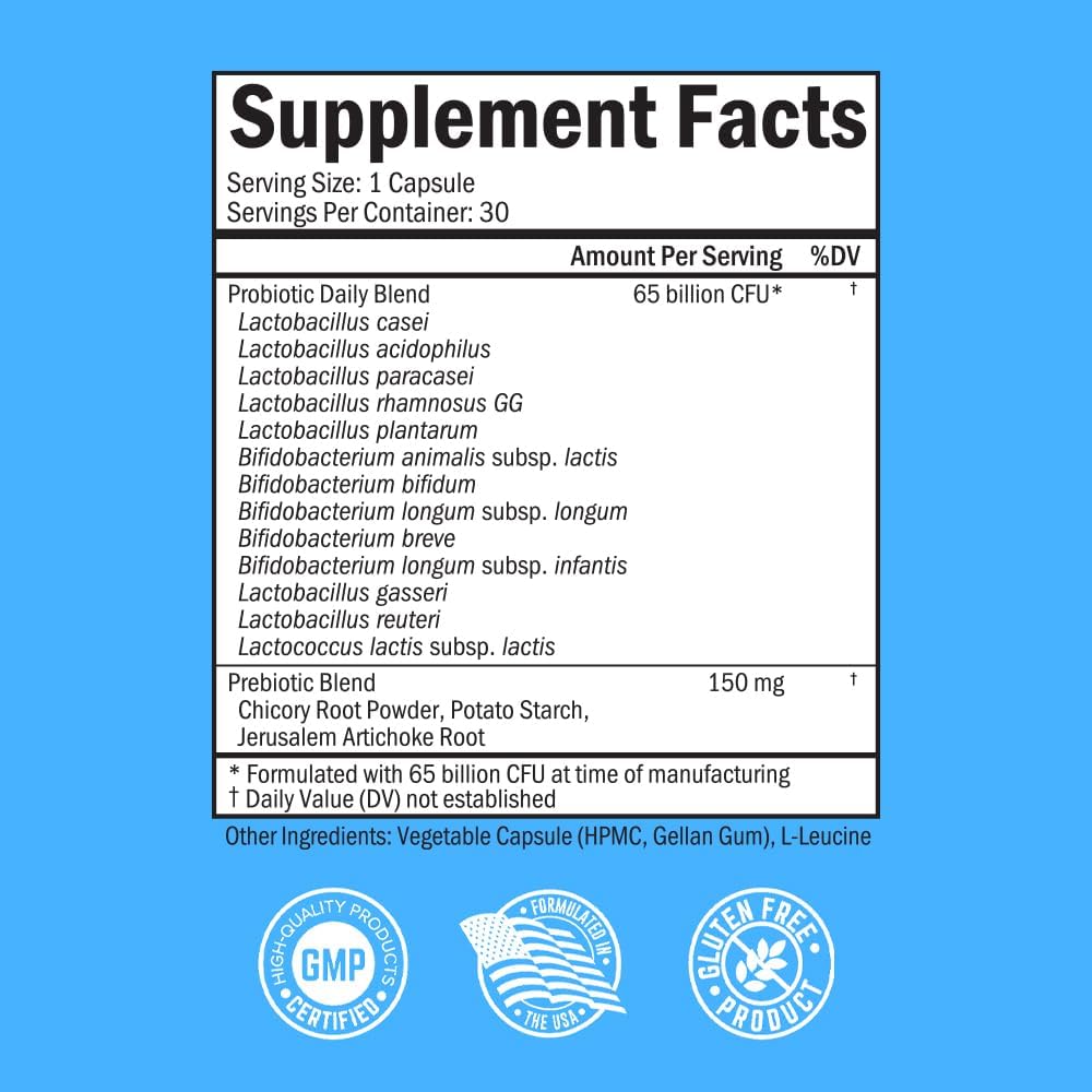 BioSchwartz Probiotic 65 Billion Probiotics with Prebiotic for Women & Men - Lactobacillus Acidophilus Digestive Health 30 Caps - Galeri