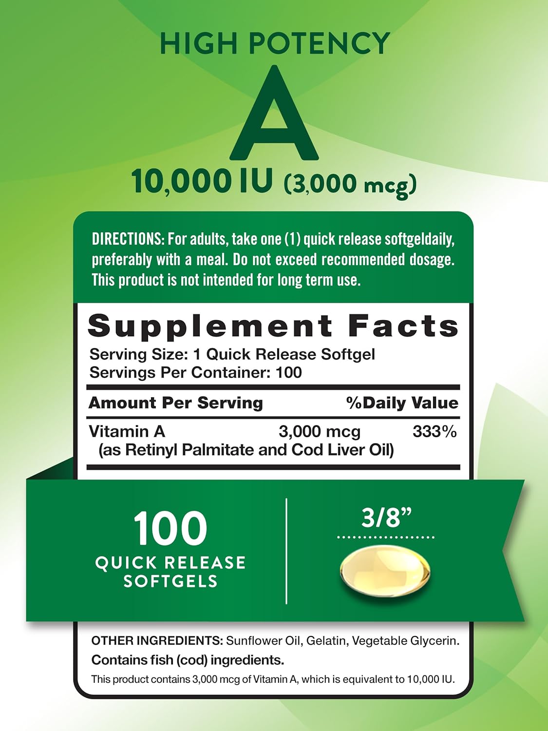 Nature's Truth, Vitamin A, High Potency, 10,000 IU (3,000 mcg), 100 Quick Softgels - Galeri