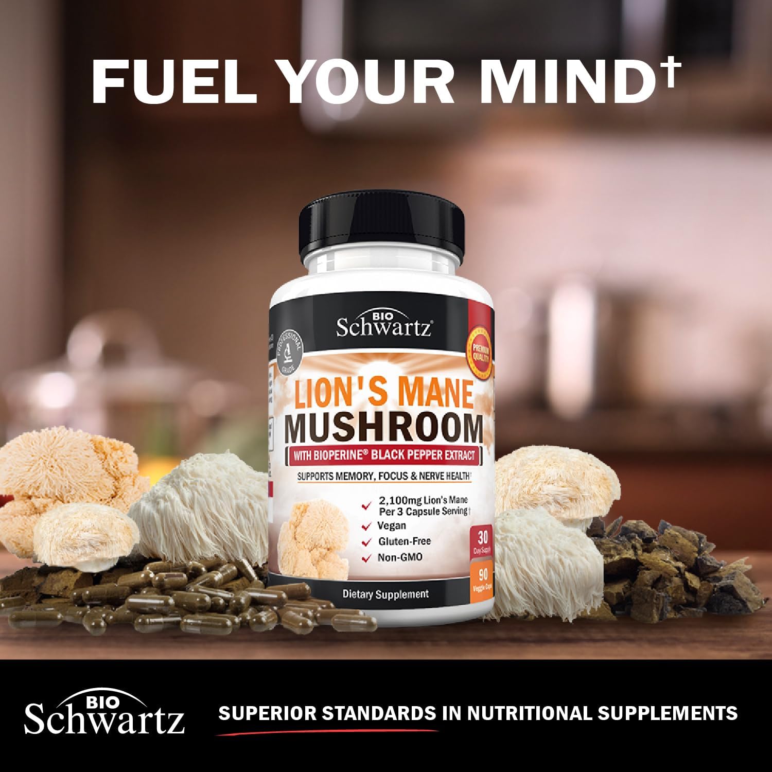 BioSchwartz Organic Lions Mane Mushrooms with BioPerine Nootropic Brain Memory Focus 90 Caps - Galeri