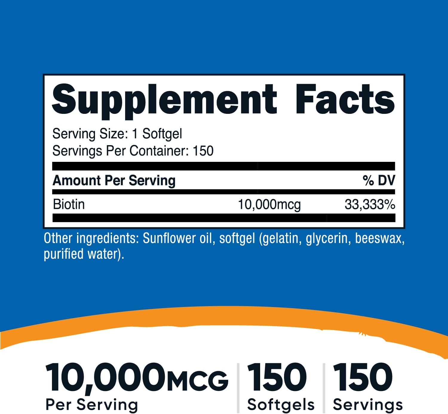 Nutricost Biotin Vitamin B7 Hair Skin 10,000mcg 150 Softgels - Galeri