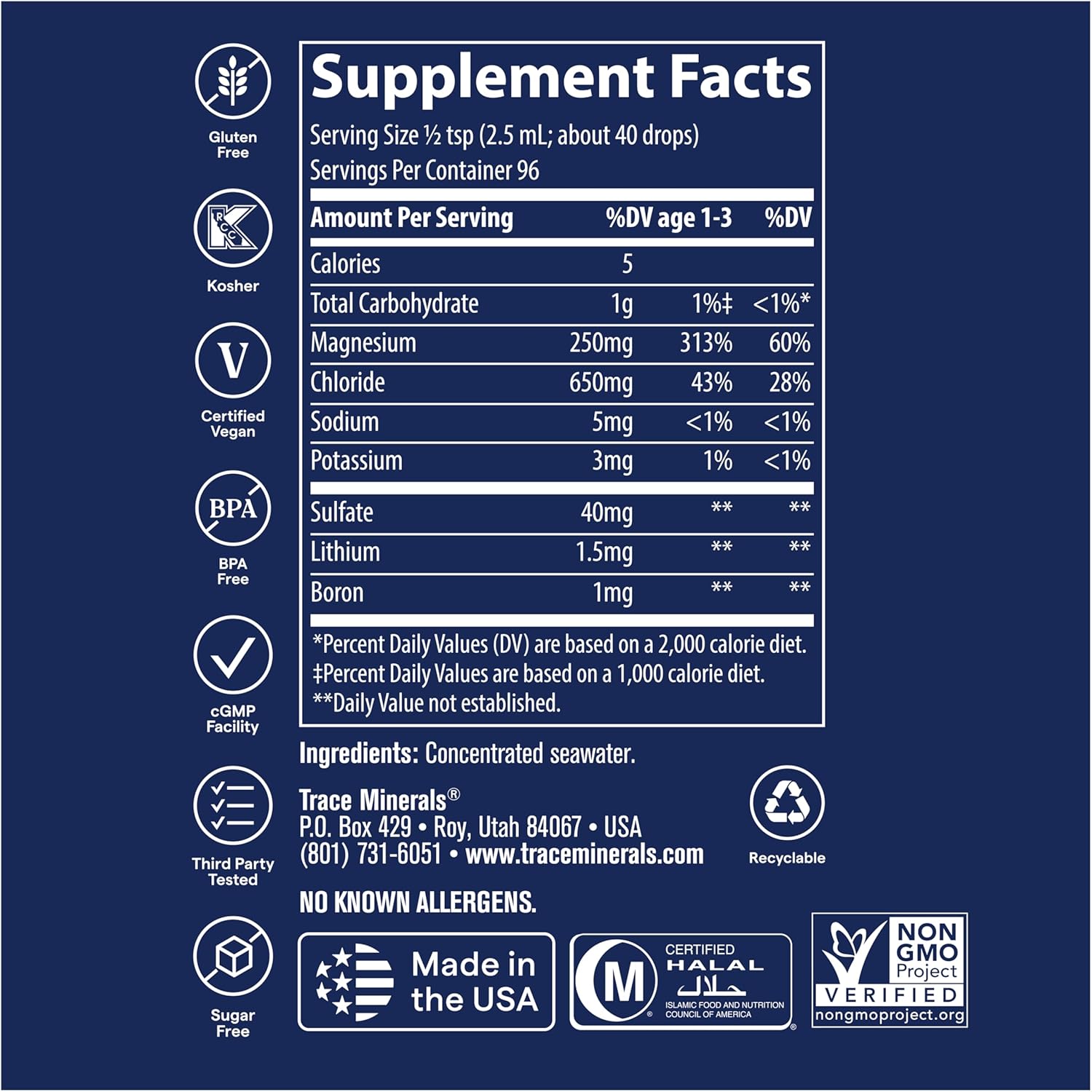 Trace Minerals ConcenTrace Trace Mineral Drops Magnesium Lithium Boron Potassium Keto Vegan 96 Servings - Galeri