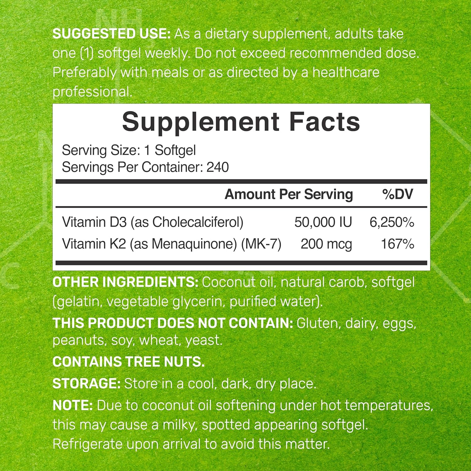 DEAL SUPPLEMENT Vitamin D3 50,000 IU + K2 MK7 Coconut Oil Bone Teeth & Immune Health 240 Softgels - Galeri