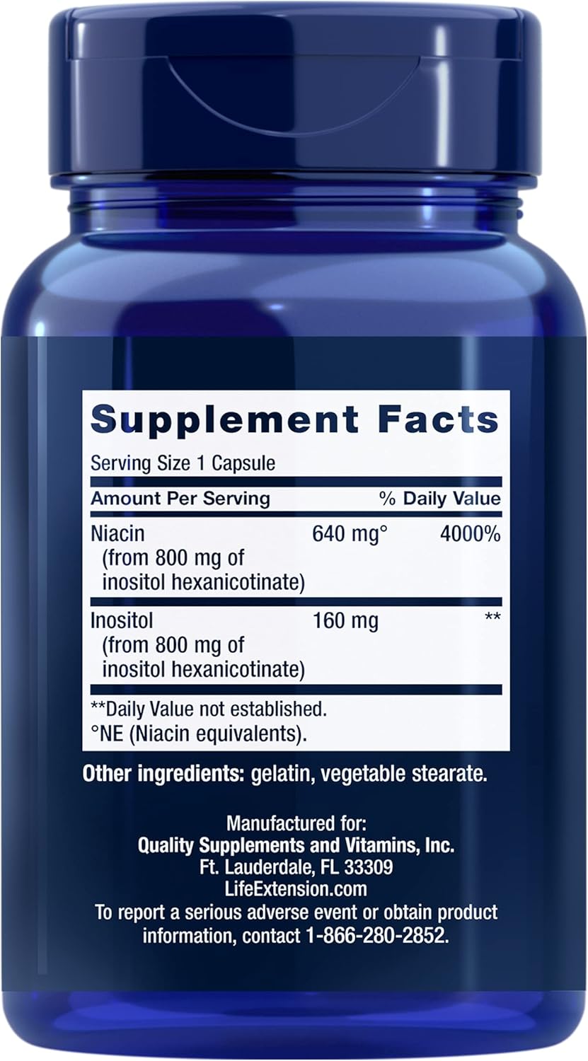 Life Extension No Flush Niacin İnositol B3 Heart Health Cholesterol Energy Support 640 mg 100 Caps - Galeri