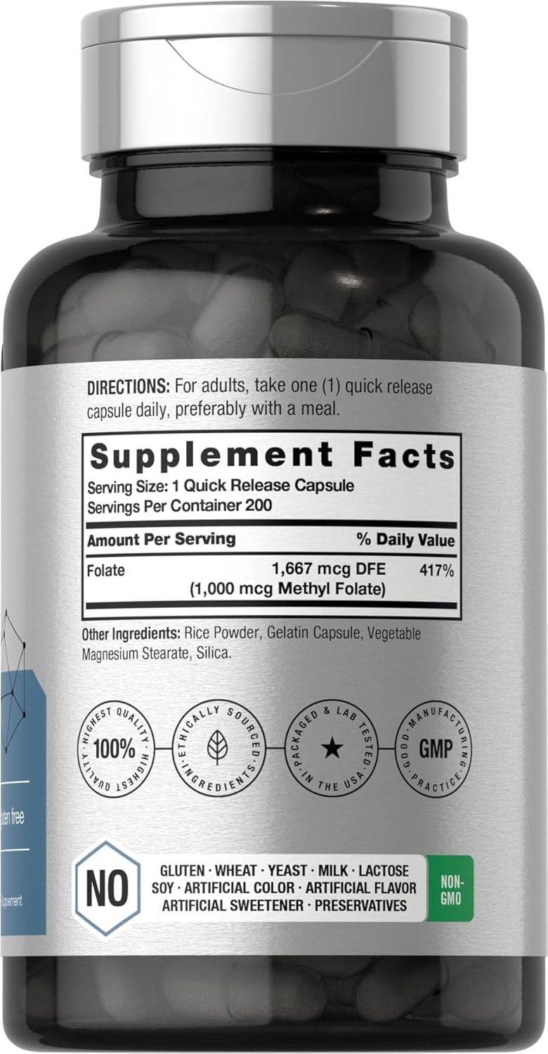 Horbäach Methyl Folate 5-MTHF Folic Acid 1000 mcg 200 Caps - Galeri