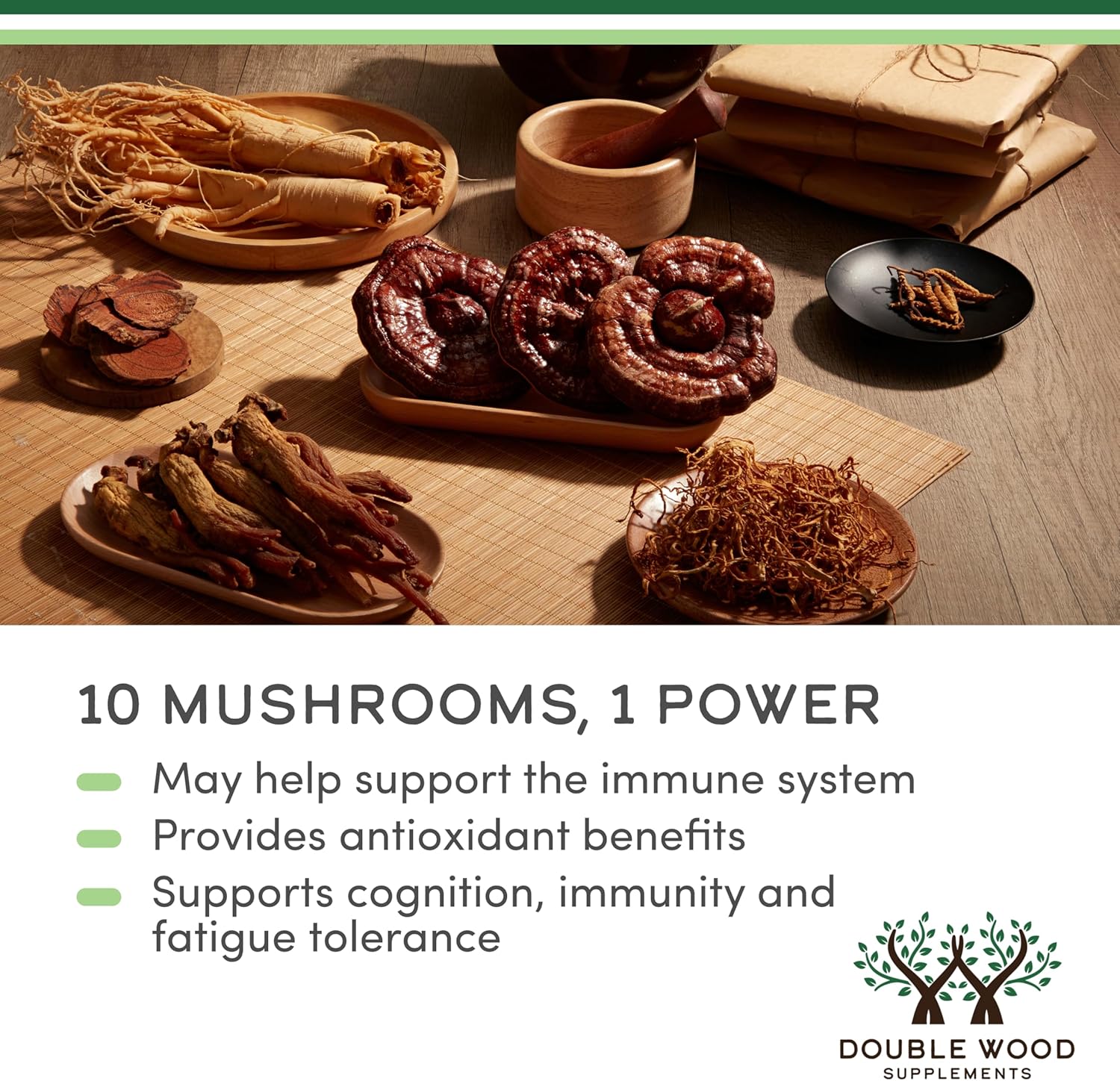 Double Wood Mushroom Lion's Mane Reishi Cordyceps and Turkey Tail 120 Caps - Galeri