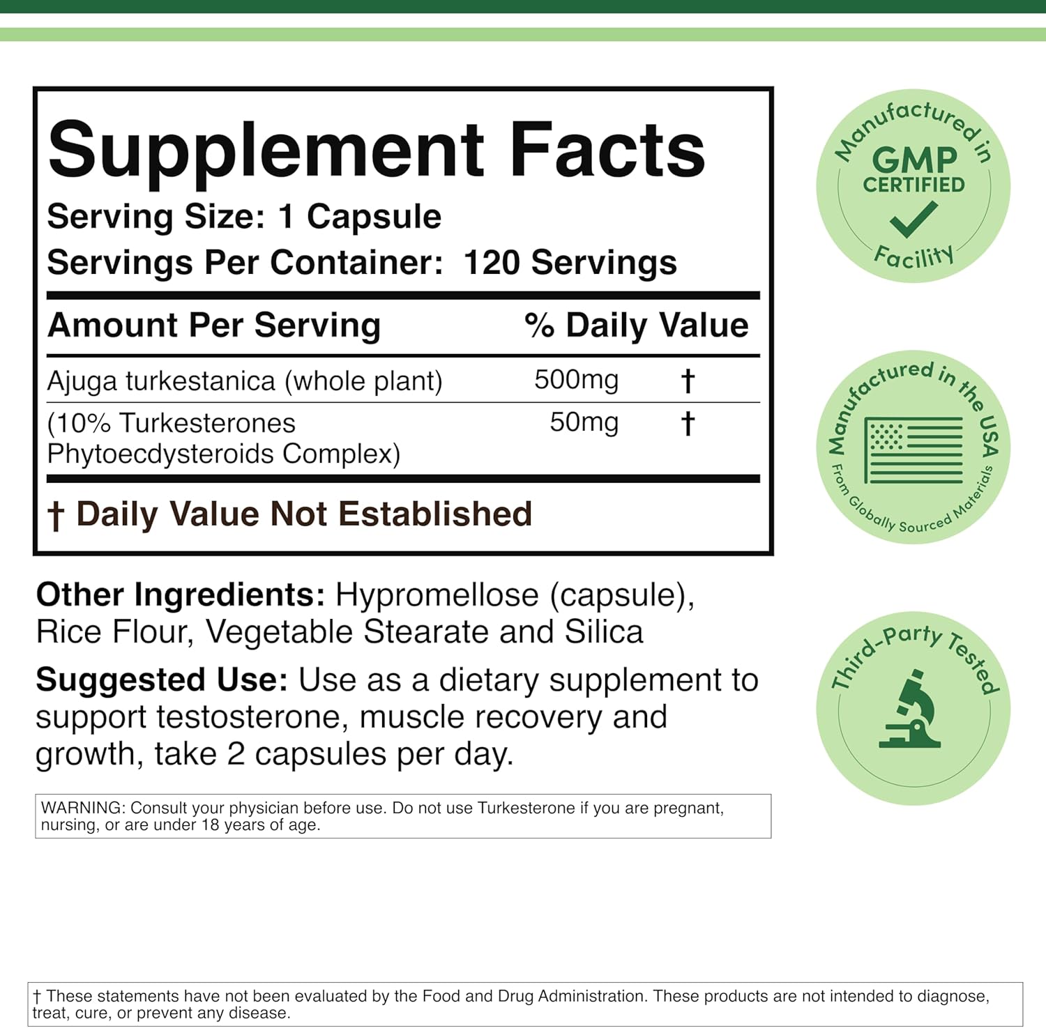 Double Wood Turkesterone  for Men's Health Support 500mg, 120 Caps - Galeri