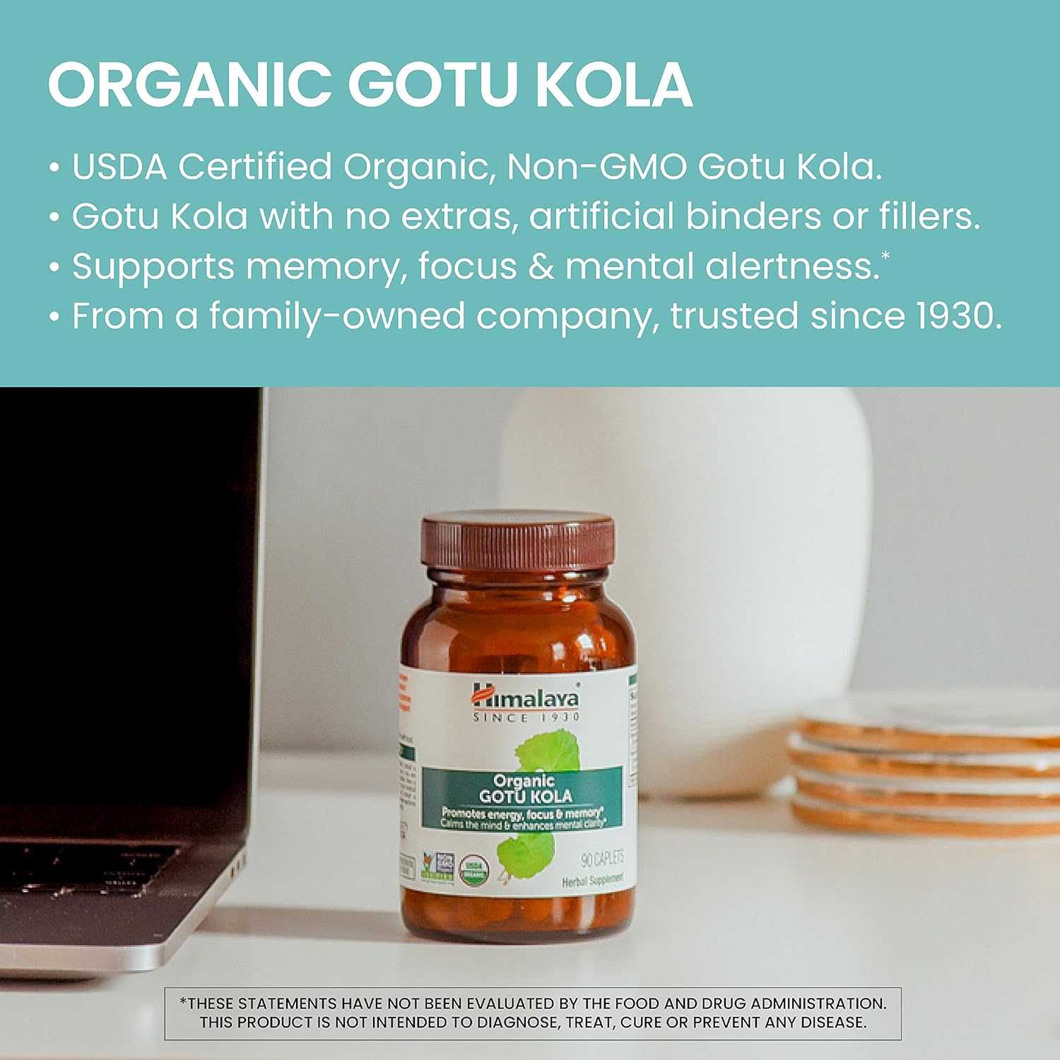 Himalaya Organic Gotu Kola Nootropic with Adaptogens for Energy, Focus, Memory Brain Cognitive 90 Caplet - Galeri
