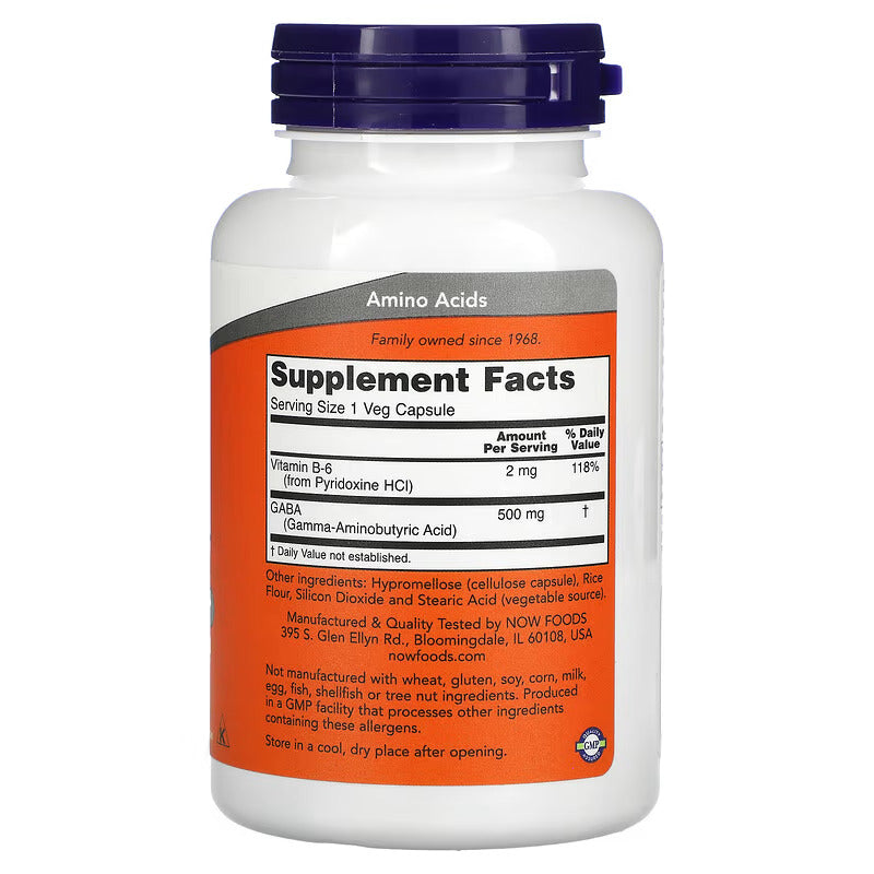 NOW Foods GABA with Vitamin B-6 500 mg 100 Vegetarian Capsules - Galeri