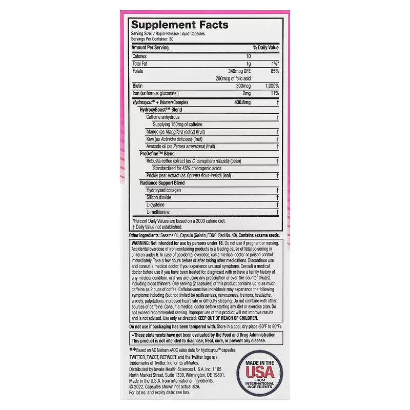 Muscletech Hydroxycut Women Health 60 Rapid-Release Liquid Caps - Includes Biotin Collagen Folate & Iron - Galeri