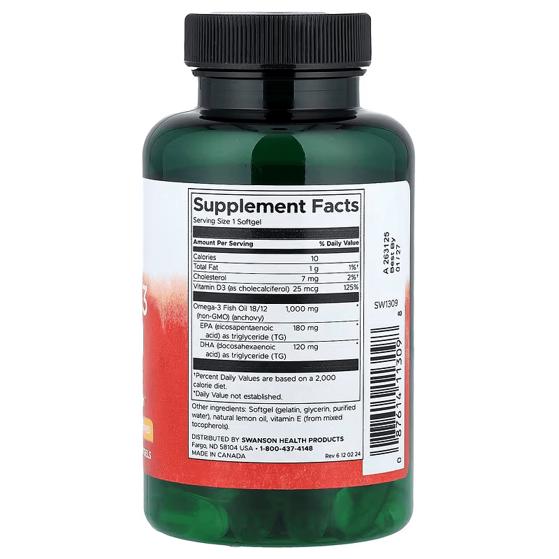 Swanson Omega 3 EPA DHA Fish Oil with Vitamin D3 Lemon 60 Softgels - Galeri