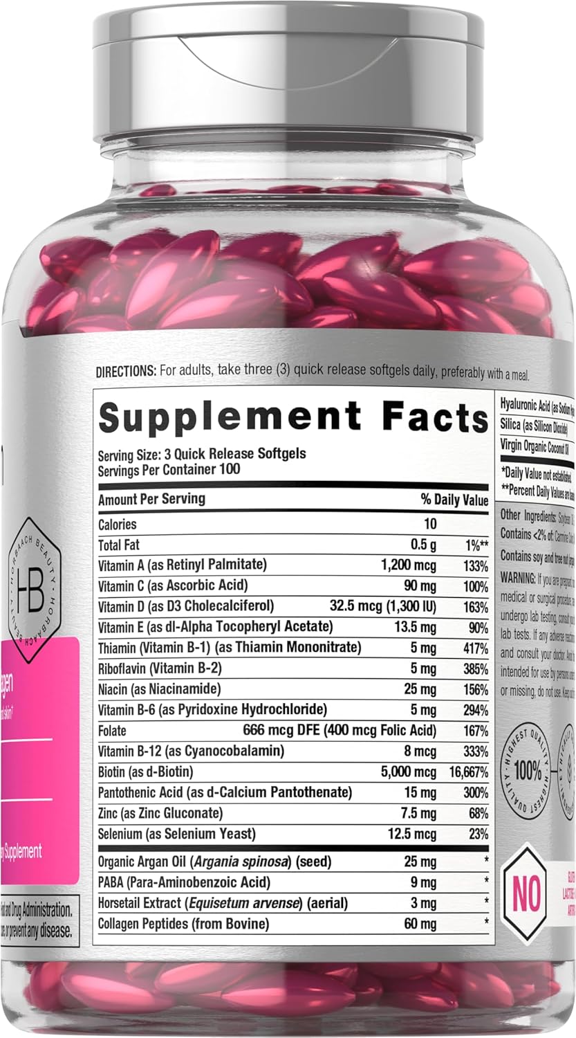 Horbäach Hair Skin and Nails Vitamin with Biotin and Collagen Infused with Argan Oil and Coconut Oil 300 Softgels - Galeri