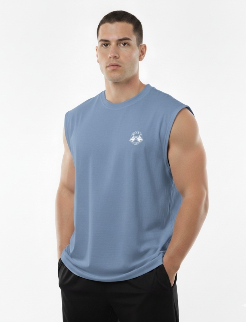 Bisiklet Yaka Mavi Kolsuz Tişört