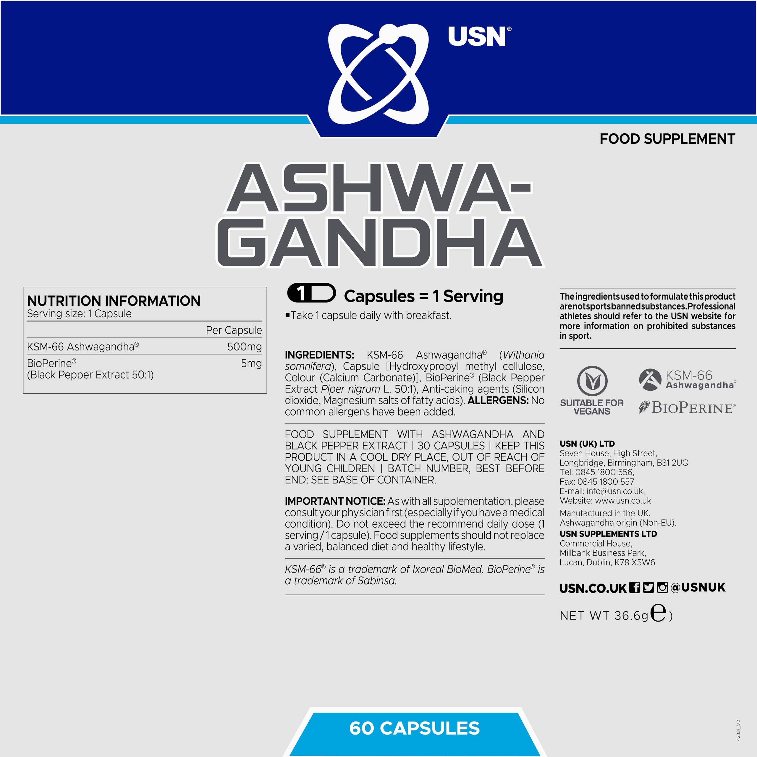 Usn Ashwagandha Ksm66 500 MG 60 Caps - Galeri