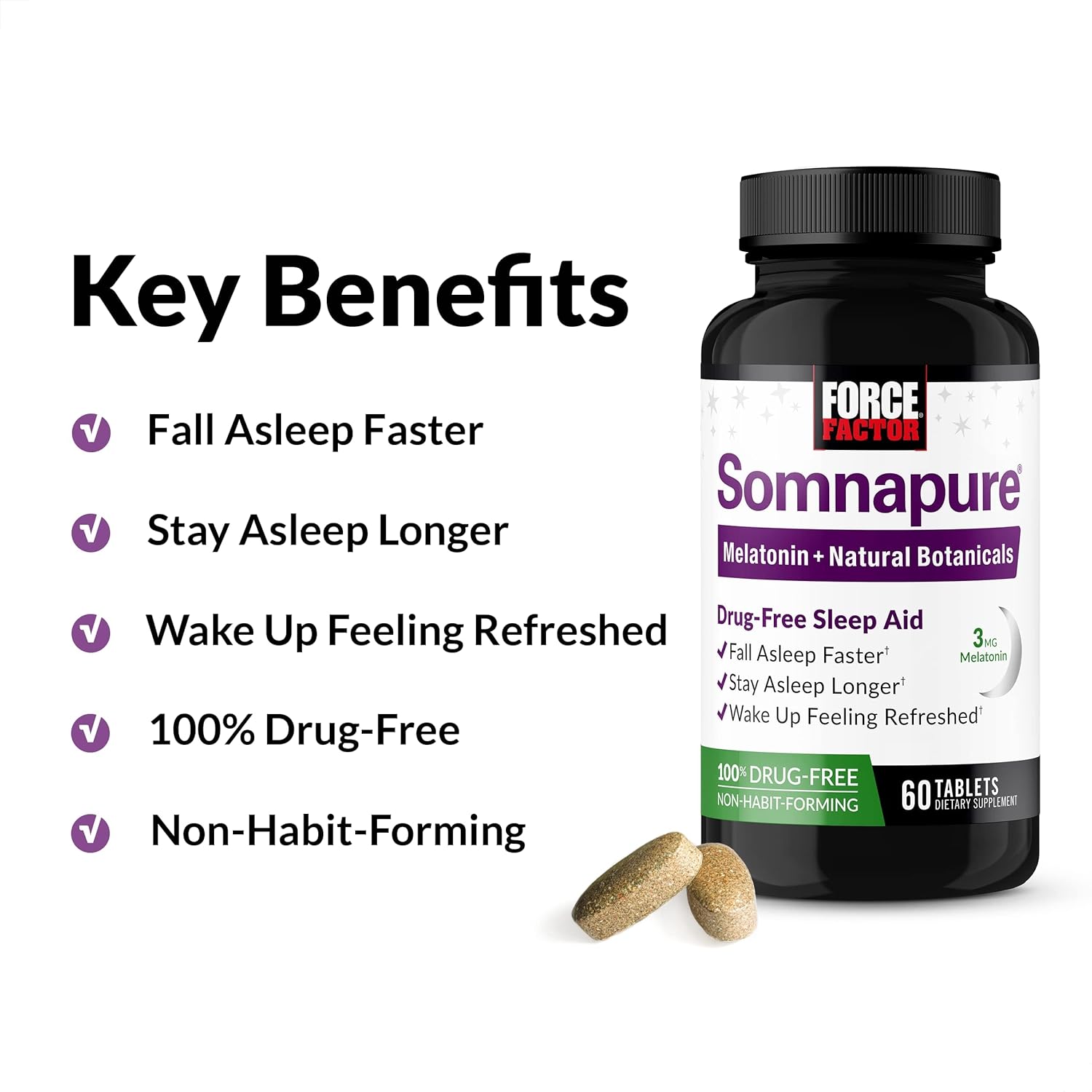 Force Factor Somnapure Drug-Free Sleep Aid Sleeplessness with Melatonin & Valerian & Theanine Fall Asleep 60 Tablet - Galeri